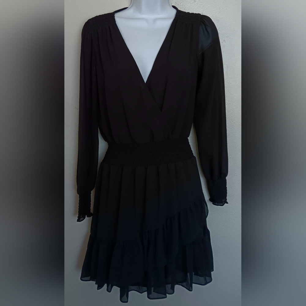 Michael Kors women's Ruffled Faux Wrap Dress Black Long Sleeve Smocked Sz P/XS